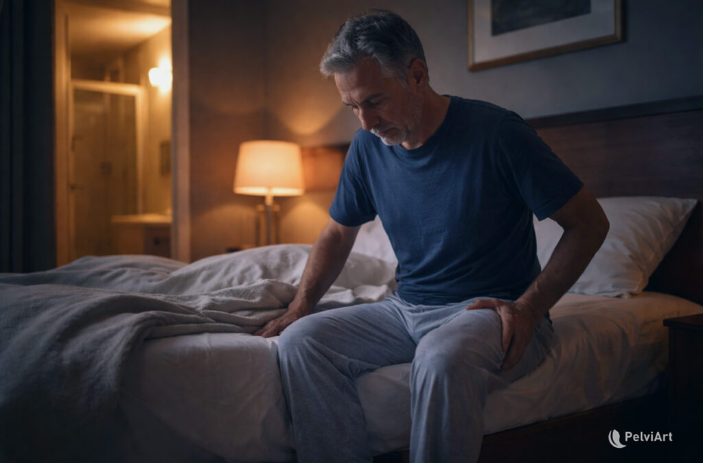 persona despertando por la noche para orinar representando la nicturia